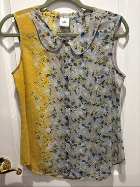 CAbi Split-Panel Floral Button-Down Sleeveless Sheer Top Yellow Gray Blue size S